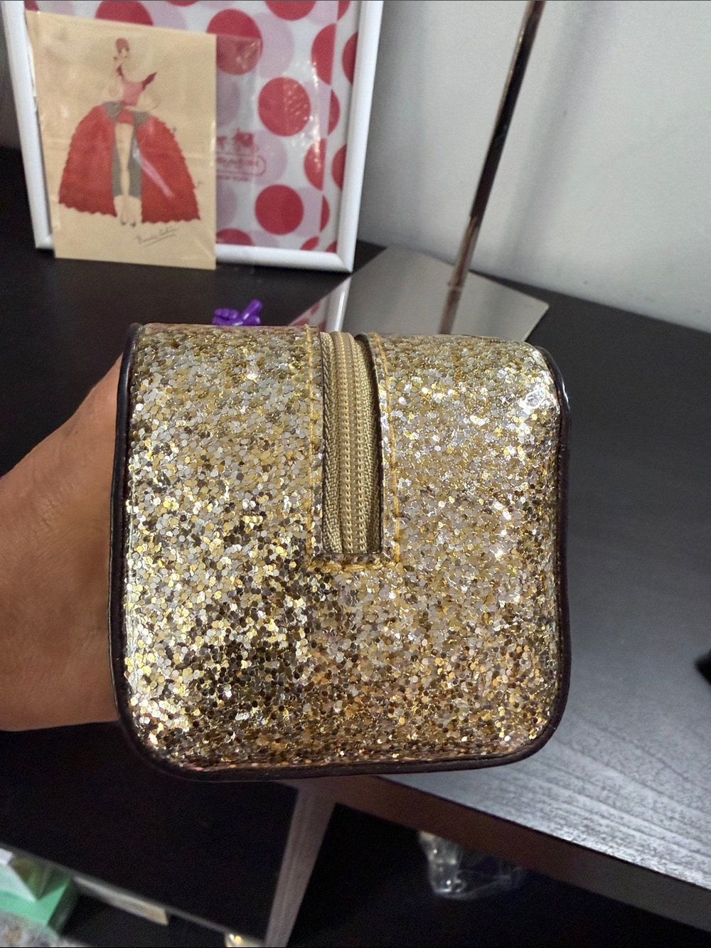 kate spade gold glitter cosmetic pouch - Picture 3 of 7